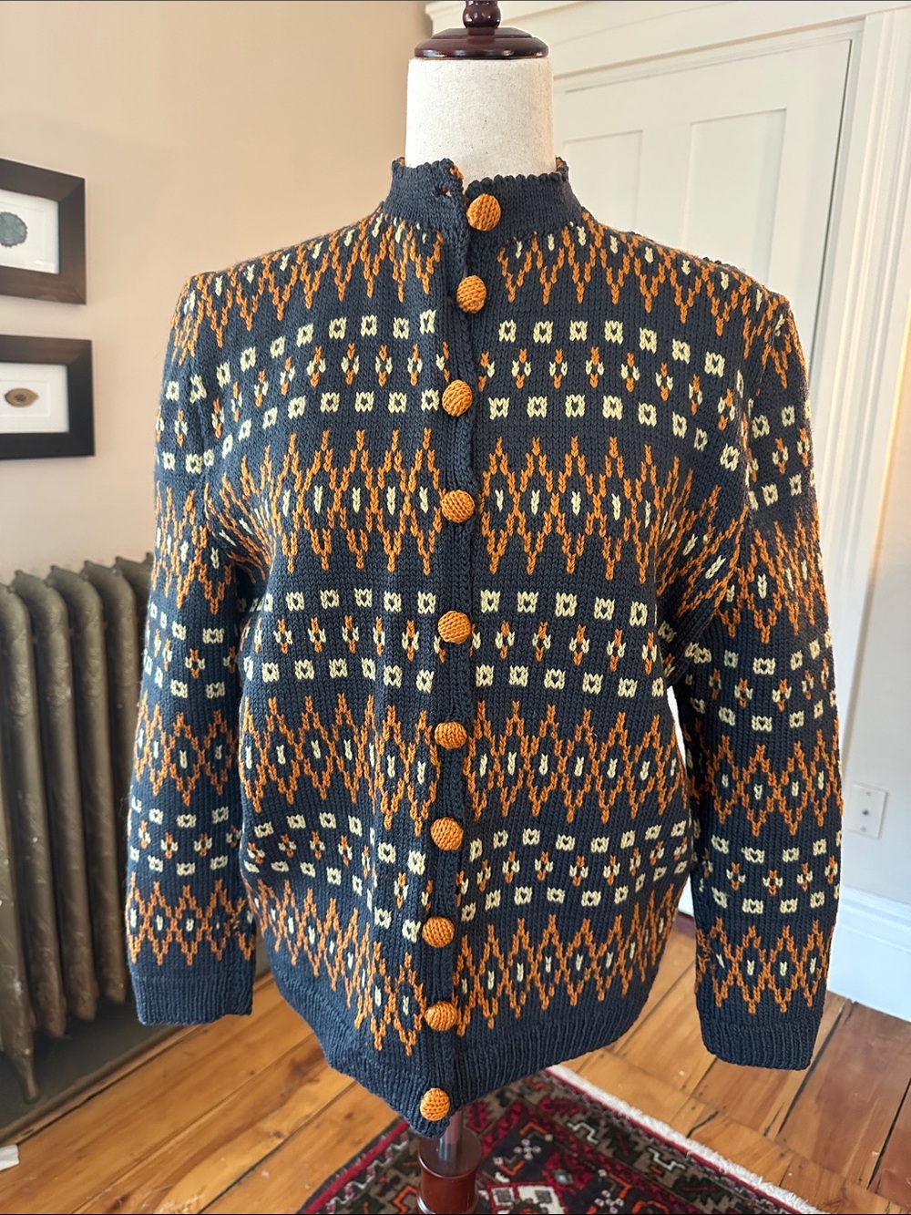 Hand-Knit Orange and Gray Nordic Wool Cardigan